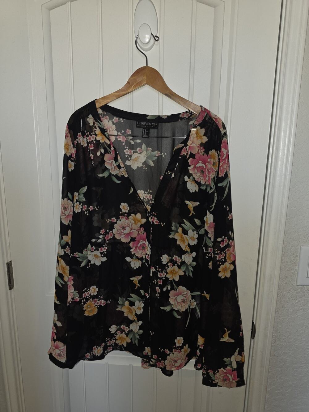 Forever 21+ Women's 3X Black Floral Sheer Chiffon Peplum Blouse Boho Plus Size